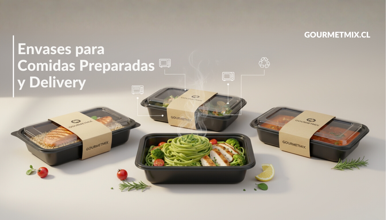 Envases para comidas preparadas y delivery, bandejas negras con tapa transparente y sleeve kraft