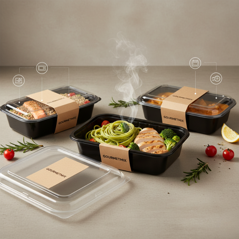 Bandejas negras Gourmetmix con tapa transparente en ambiente de cocina, mostrando uso y aplicaciones